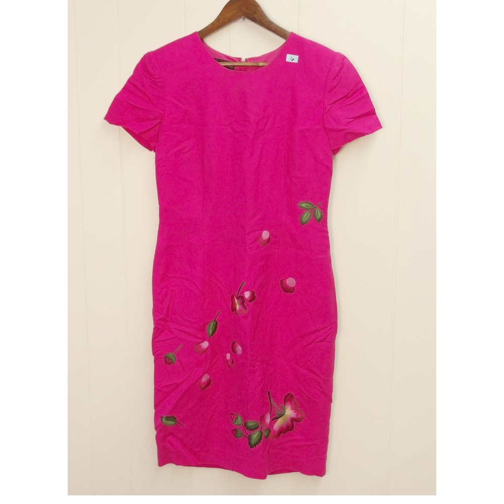 Donna Morgan Pink Linen Sheath Dress Floral Cherry‎ Embroidery Sz 6 /#8043
